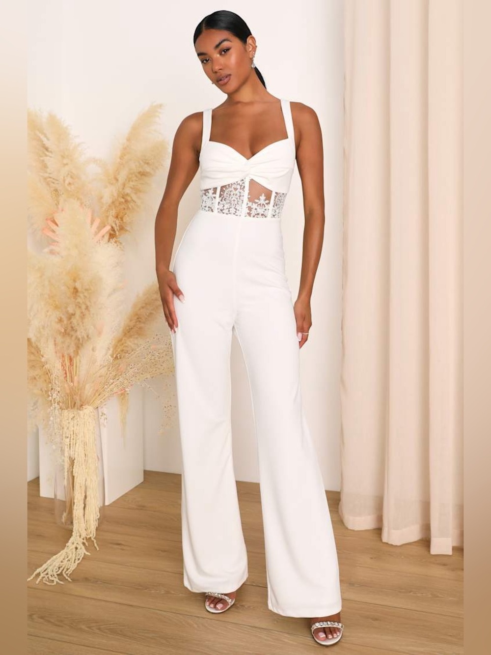 Lulu’s Adore the Feeling White Sheer Lace Bustier Twist-Front Jumpsuit - Picture 1 of 6